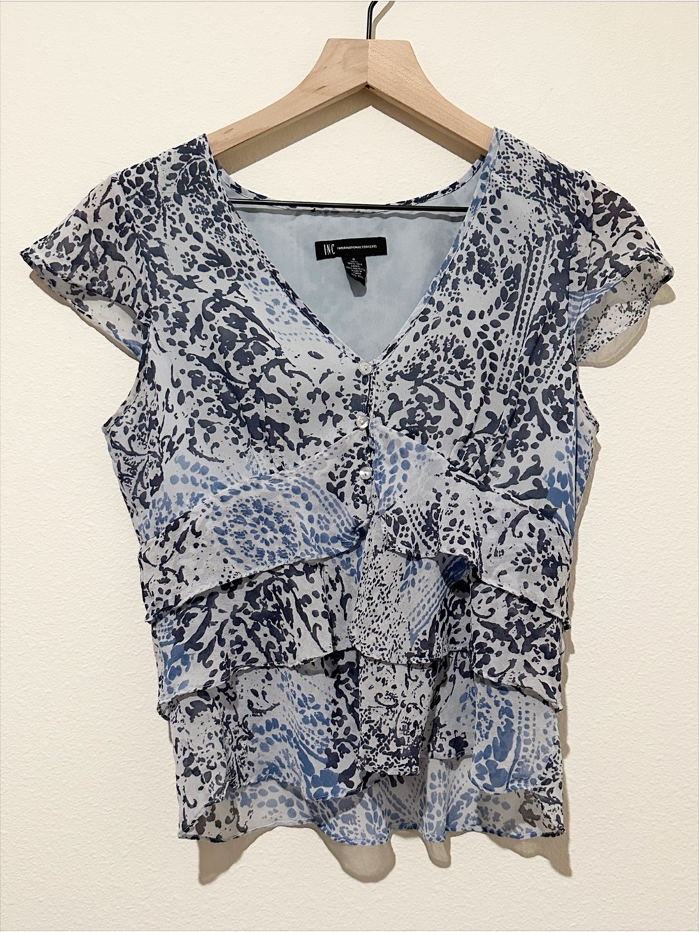 INC International Concepts Y2K Blue Patterned Silk Ruffle Top - 8